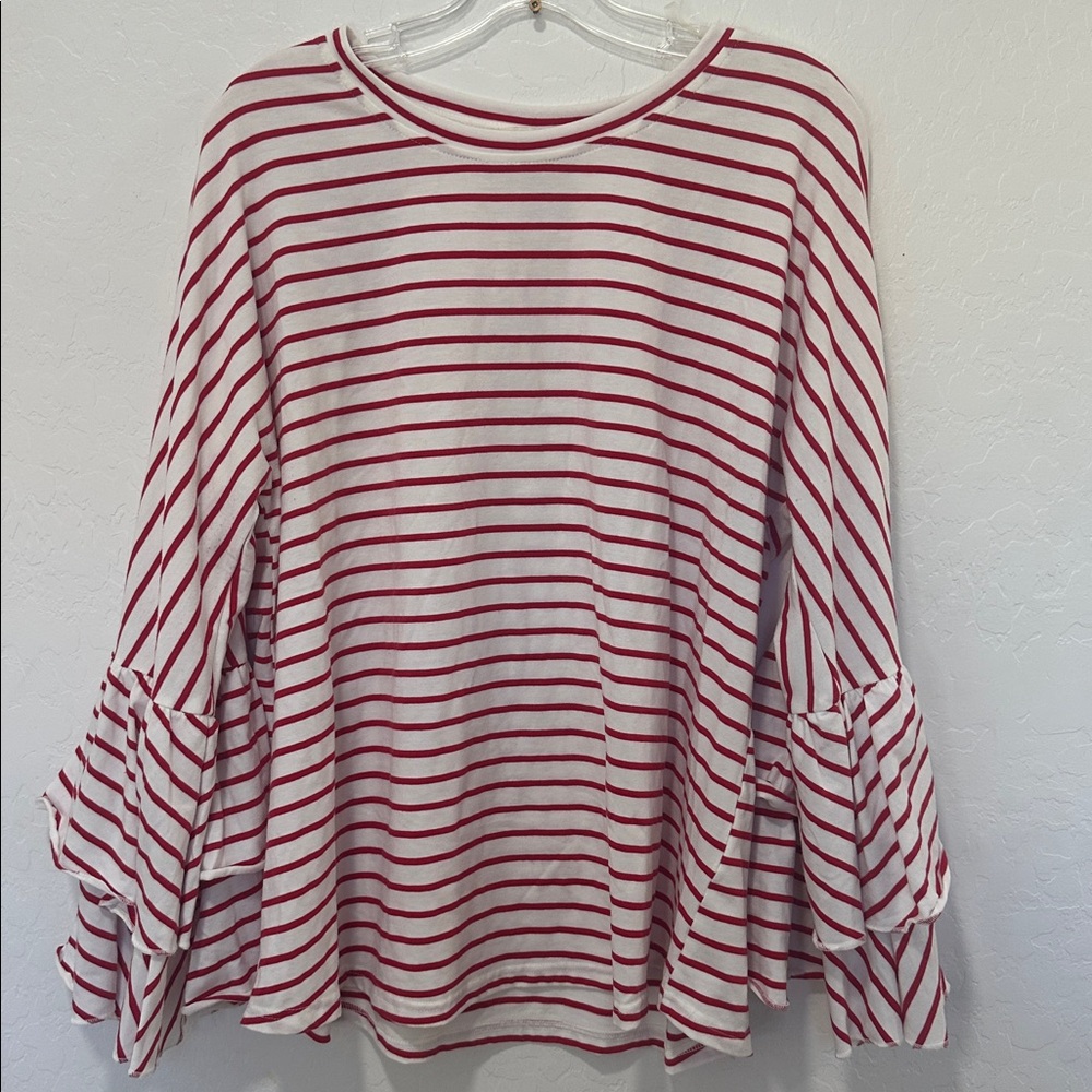 Umgee Red bell‎ Striped Ruffle Sleeve Blouse Womens plus size 1XL ruffle cotton